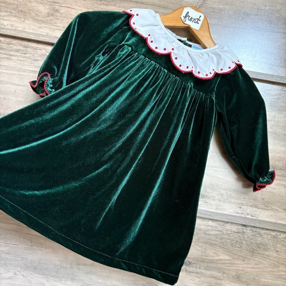 Green Velvet Holiday Dress with White Scalloped Collar & Red Accents girls 2T
